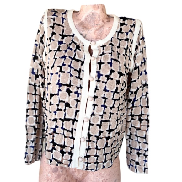 Nic + Zoe Time Abstract Square Navy/Cream Pattern Print Shrug Size L - Picture 2 of 5